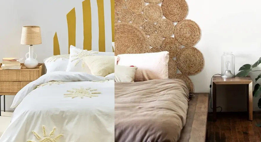 Dos camas con cabeceros originales: uno con diseño de sol pintado y otro con discos de yute.