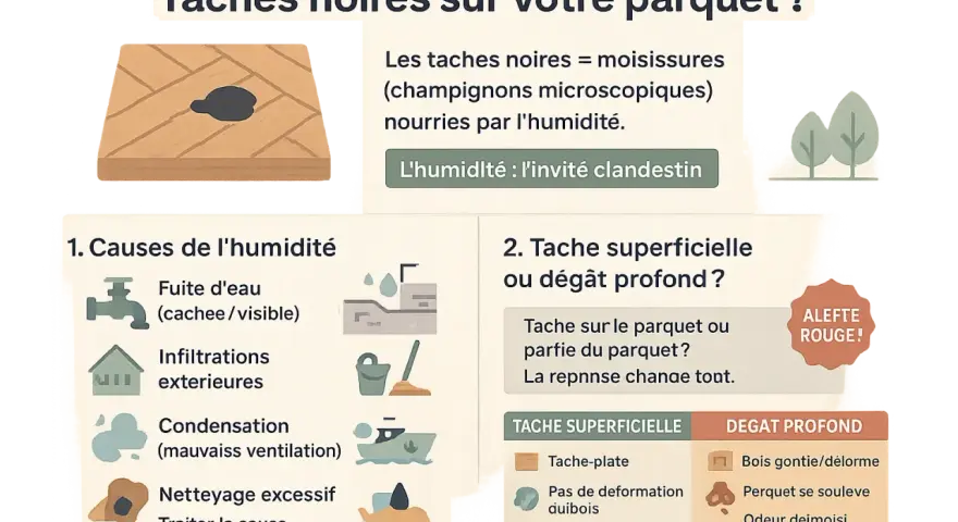 Illustration d'un parquet avec une tache noire, symbole de moisissures causées par l'humidité. Le parquet noirci par l'humidité est un problème à traiter.
