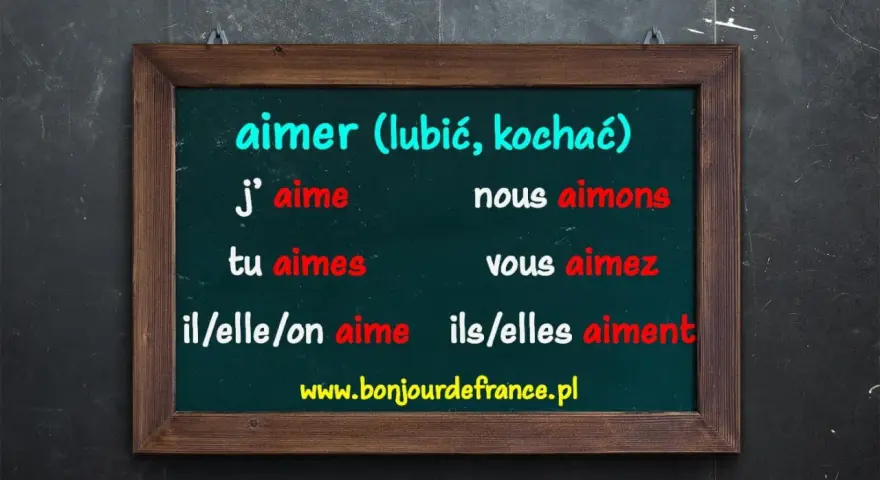 Tablica z odmianą czasownika "aimer" (lubić, kochać) po francusku. "J'aime" to ja lubię.