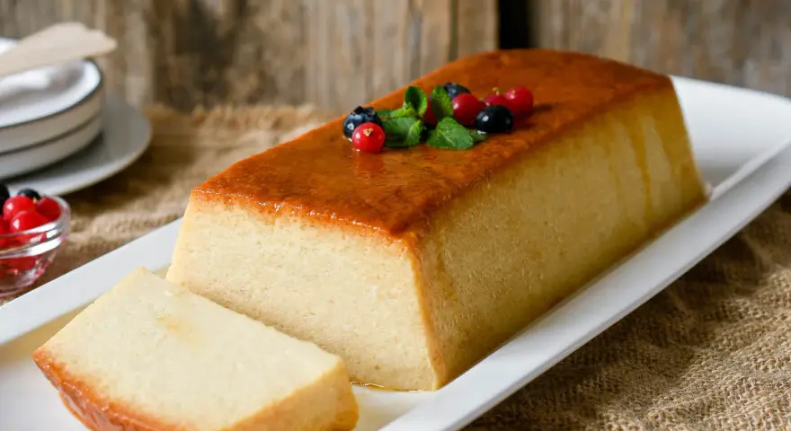 Un delicioso pudin tradicional, decorado con frutos rojos y menta. Perfecto para tu próxima receta.