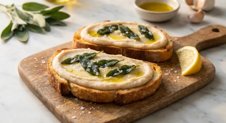 Två rostade brödskivor med krämig bönröra, salvia och olivolja. Ett enkelt och gott bruschetta recept.