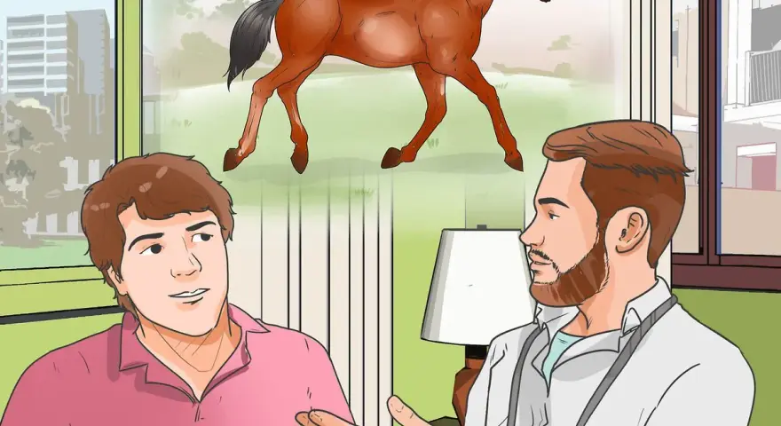 Un homme discute avec un vétérinaire, préoccupé par un jarret cheval gonflé. Le cheval galope dans un paysage champêtre en arrière-plan.