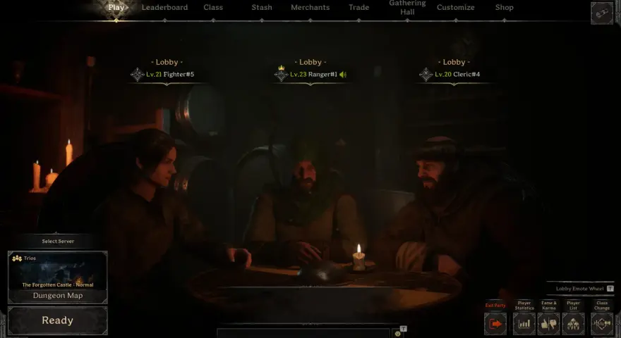 Tres aventureros esperan en la penumbra, listos para adentrarse en lo **dark and darker**. Un guerrero, un explorador y un clérigo se preparan para la misión.