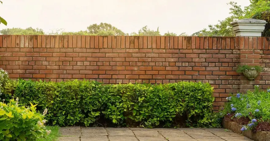 Eine Ziegelmauer im Garten, umgeben von üppigem Grün und blühenden Pflanzen. Tolle Ideen für Gartenmauern, die Privatsphäre und Schönheit vereinen.