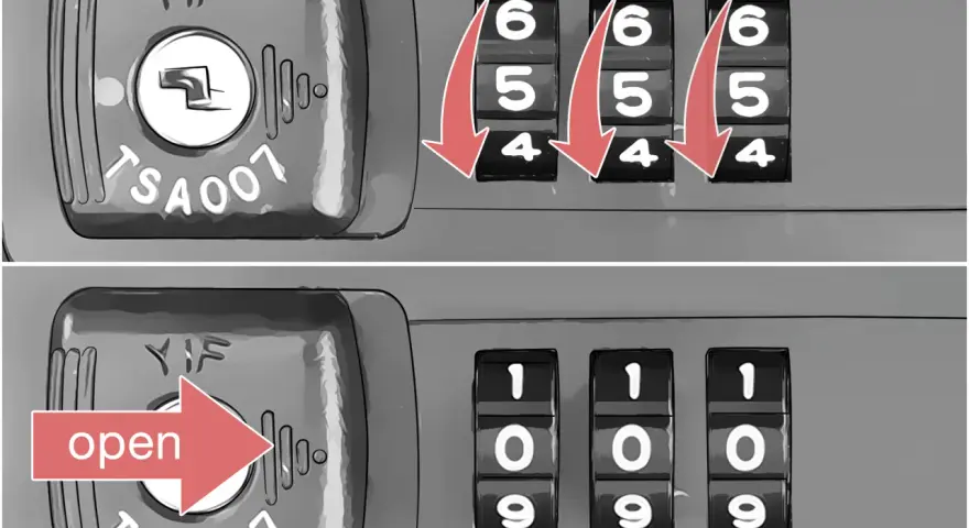 Jak odblokować zamek w walizce Wittchen: obróć pokrętła 5 razy w dół, aż pojawi się "109", a następnie otwórz.