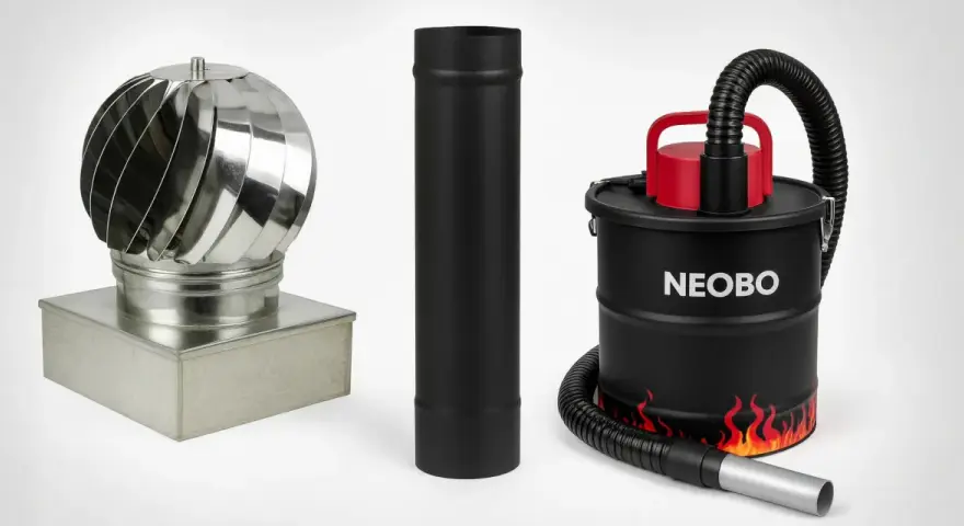 A stainless steel chimney cap, a black stove pipe, and a black ash vacuum with red accents and flame graphics.