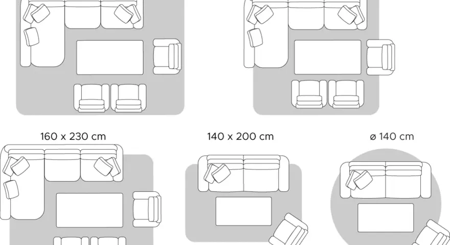 Diverse misure tappeti per arredare il soggiorno: da 200x300 cm a Ø 140 cm, con diverse configurazioni di divani e poltrone.