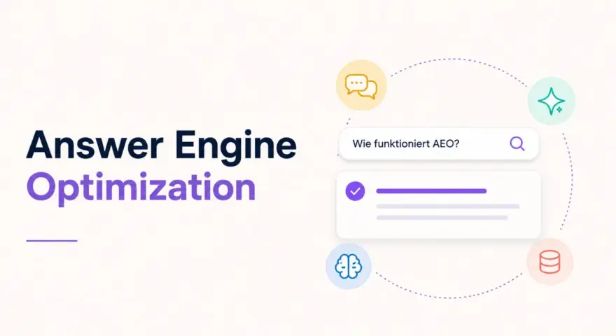 Answer Engine Optimization: Wie funktioniert AEO? Chat-Symbole, Gehirn und Datenbank deuten auf intelligente Suchoptimierung hin.