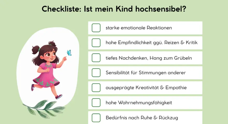 Checkliste: Ist mein Kind hochsensibel? Ein Mädchen mit Schmetterling und Kriterien wie starke Reaktionen, hohe Empfindlichkeit, tiefes Nachdenken.