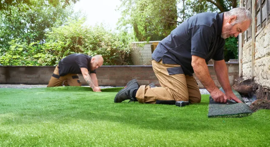 Dos hombres trabajan en un jardín, instalando césped artificial. Uno corta el borde mientras el otro lo alisa.