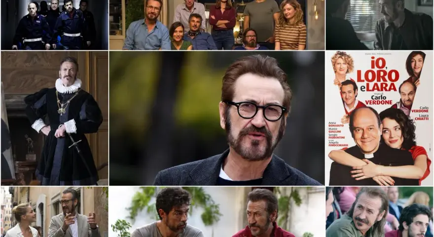 Marco Giallini in diverse scene di film e programmi TV: poliziotto, nobile, protagonista di "Io, loro e Lara".