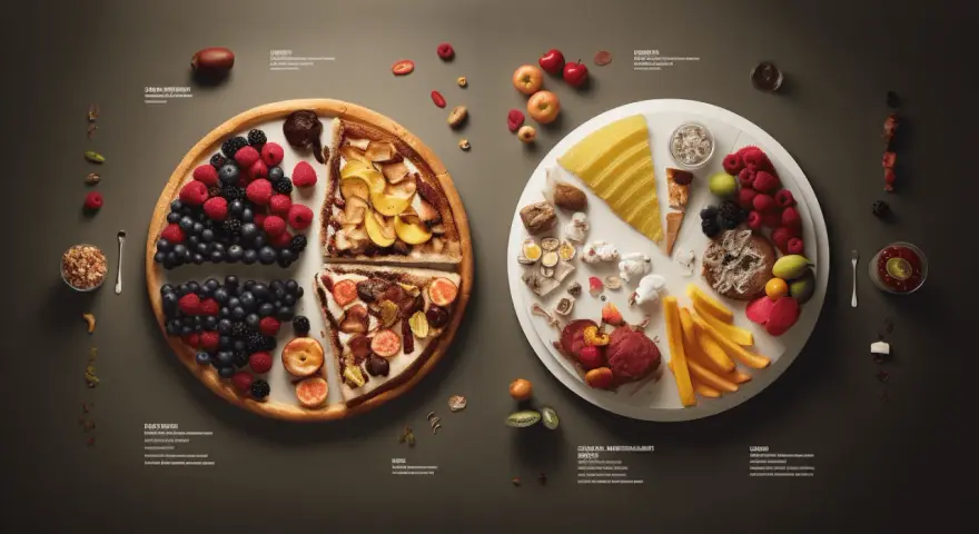 En bild som visar olika livsmedel, som bär, frukt, ost och kött, som representerar vad som är de macronutrienter.