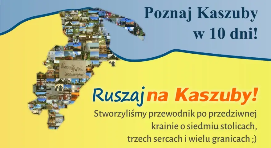Mapa Kaszub złożona z małych zdjęć zachęca do zwiedzania Kaszub samochodem. Odkryj piękno regionu!