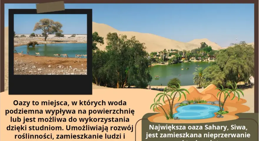 Oazy, zielone wyspy życia na pustyniach świata, oferują wodę i schronienie. Na zdjęciu widać zwierzęta pijące wodę i bujną roślinność.