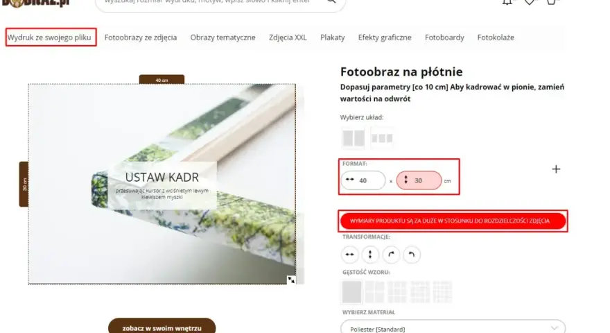 Wybór formatu wydruku 40x30 cm na stronie Bobraz.pl. Ustawianie kadru dla fotoobrazu.