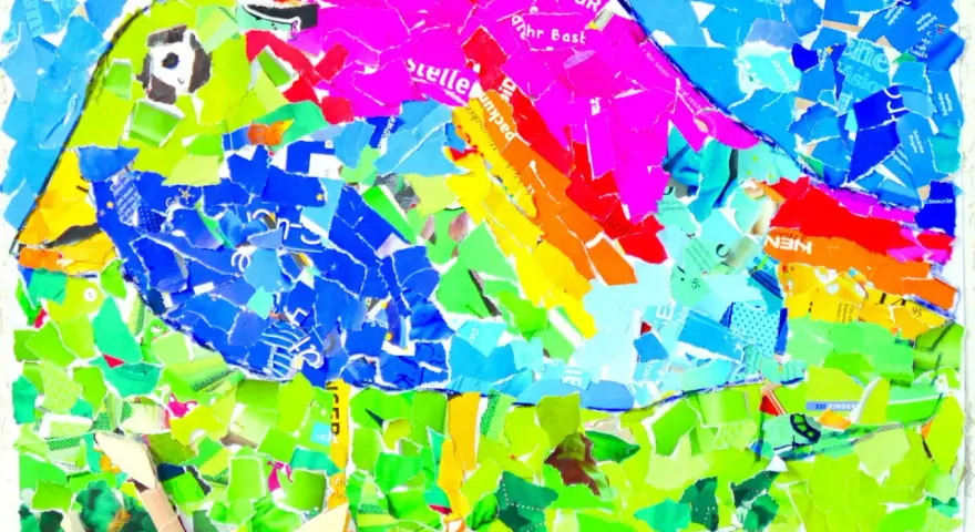 Buntes Collage-Kunstwerk eines Vogels, das zeigt, wie Kinder malen.