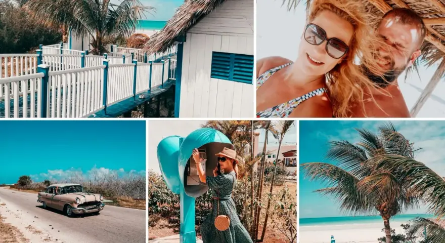 Wczasy na Kubie: urokliwe domki, plaża, klasyczny samochód i retro budka telefoniczna. Radość i słońce!