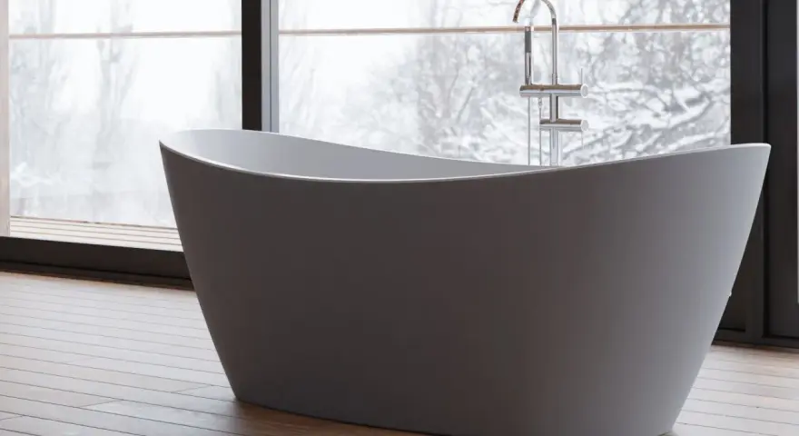 Baignoire îlot moderne, avec robinetterie chromée, devant une grande fenêtre donnant sur un paysage hivernal. Les inconvénients de ce type de baignoire sont son encombrement et la nécessité d'une installation spécifique.