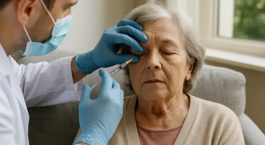 Medico con guanti esegue iniezioni intravitreali a un'anziana. Valutare attentamente le iniezioni intravitreali controindicazioni prima del trattamento.