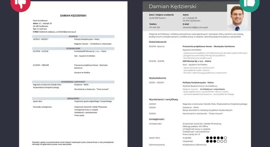 CV Damiana Kędzierskiego: moje umiejętności przykłady, doświadczenie, wykształcenie, nagrody i certyfikaty.
