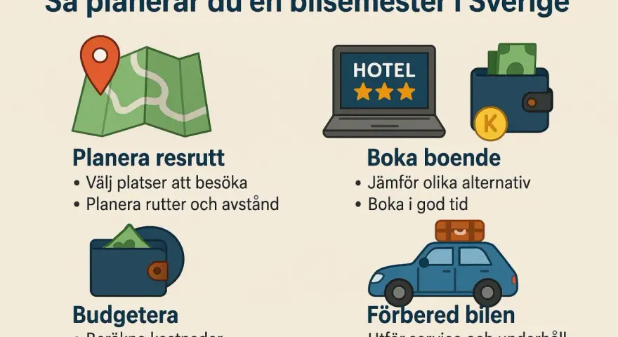 Planera din roadtrip Sverige sommar: karta, hotellbokning, budget och bilförberedelser.