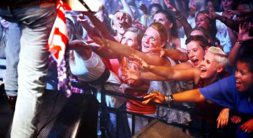 Begeisterte Fans, die nach ihrem Idol greifen – so sehen sie aus, die Groupies, die die Energie eines Konzerts spüren.