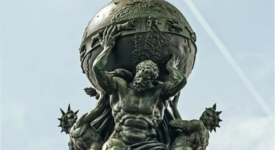Atlas, punished for his role in the Titanomachy, bears the weight of the world. This bronze sculpture depicts him straining under the celestial sphere.