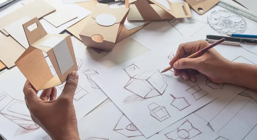 Hände skizzieren und falten Kartonmodelle für ein Produktdesign Studium. Verschiedene Verpackungsentwürfe liegen auf dem Tisch.