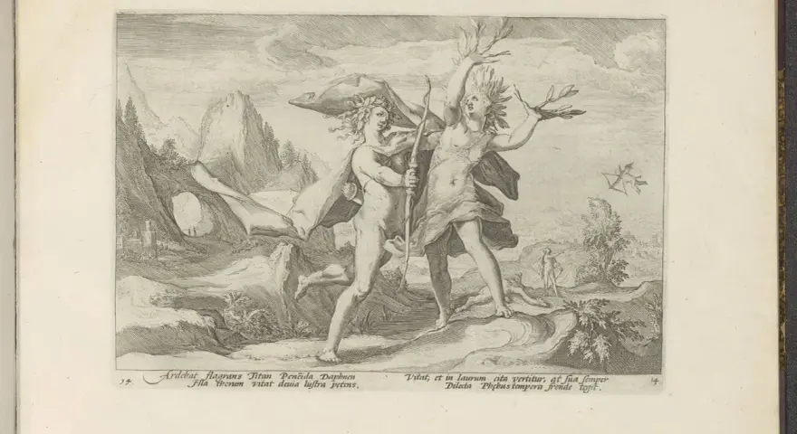 Apollon jagar Dafne som förvandlas till ett lagerbladsträd. En scen inspirerad av Ovidius.