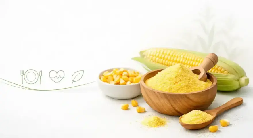 Mąka kukurydziana, ziarna i kolby kukurydzy. Odpowiedź na pytanie: czy mąka kukurydziana ma gluten? Nie, jest bezglutenowa.