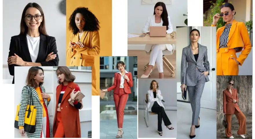 Kobiety w stylizacjach business casual: garnitury, marynarki i eleganckie spodnie.