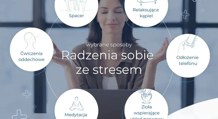 Kobieta medytuje, pokazując sposoby na radzenie sobie z przewlekłym stresem: ćwiczenia oddechowe, medytacja, zioła, spacer, kąpiel, odłożenie telefonu.
