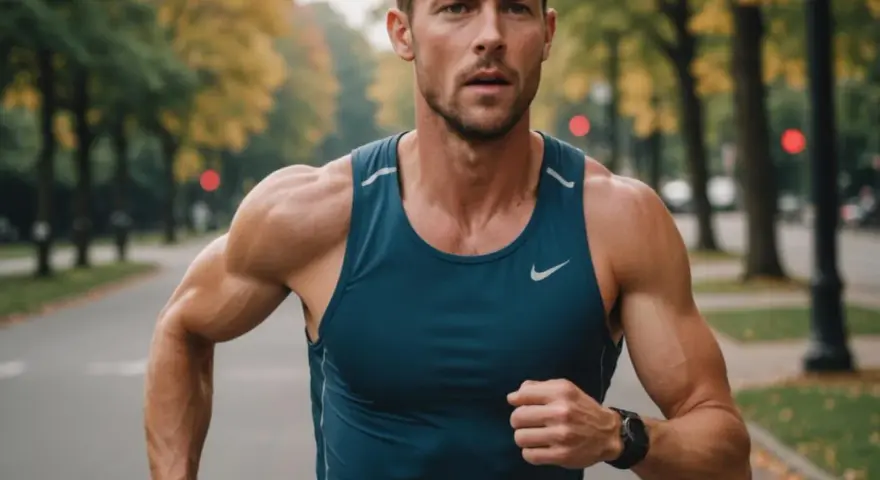 Mężczyzna w sportowym topie biegnie ulicą, skupiony na swoim oddechu. Właściwe jak oddychać podczas biegu to klucz do wytrzymałości.