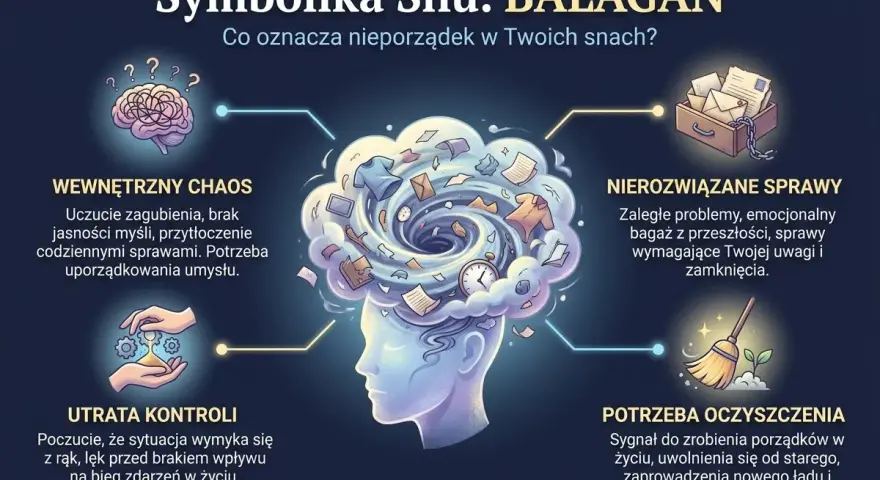 Bałaganiarstwo w snach to nie tylko bałagan, ale też odzwierciedlenie chaosu psychicznego, nierozwiązanych spraw i utraty kontroli. Potrzeba oczyszczenia.