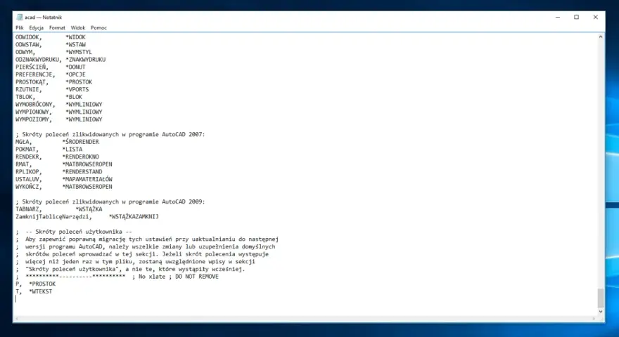 Lista skrótów autocad z podziałem na wersje programu i sekcję użytkownika.