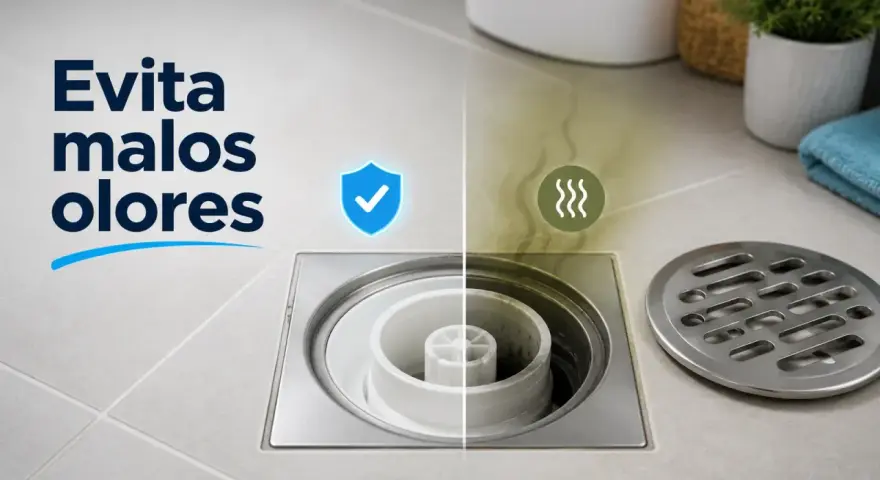 El bote sifónico evita malos olores. Comparativa visual de un desagüe limpio y uno con olores desagradables.