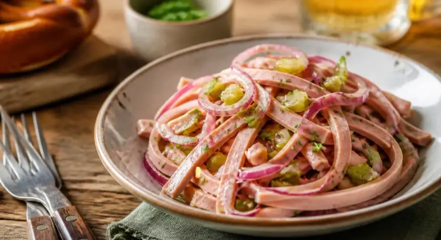 Ein köstlicher schweizer wurstsalat mit roten Zwiebeln und Gurken, serviert in einer Schüssel auf einem Holztisch.