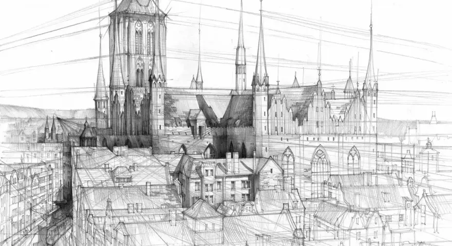 Szkic architektoniczny miasta z dominującą katedrą i licznymi dachami. W tle widać góry, a na pierwszym planie tramwaj. Tło pod rysunkiem jest białe.