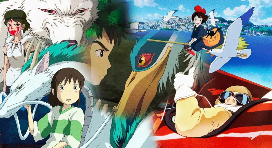 Collage di film di Studio Ghibli: Chihiro con Haku, San e il lupo, Kiki con Jiji e Porco Rosso in aereo.