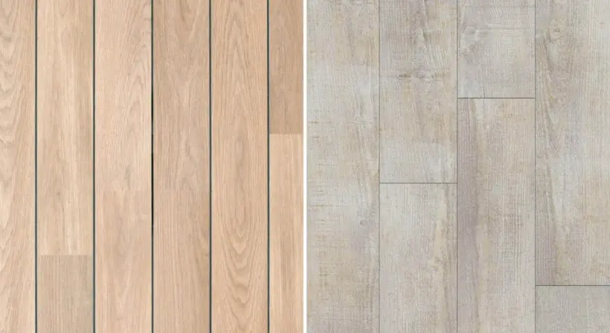 Dos muestras de suelo laminado biselado. A la izquierda, lamas de madera clara con vetas marcadas. A la derecha, lamas de madera desgastada en tono beige.