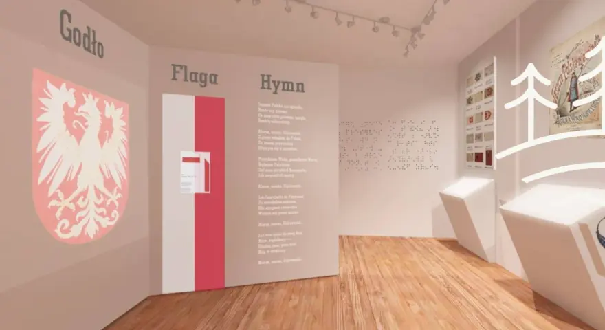 Wystawa o symbolach narodowych, gdzie znajduje się muzeum hymnu narodowego. Widzimy godło, flagę i tekst pieśni.