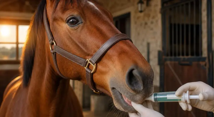Un cheval brun reçoit un médicament par seringue, une étape importante pour sa coproscopie.