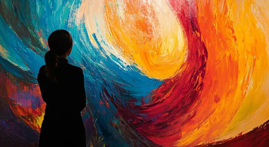 Silueta de una persona contemplando una obra de abstracción lírica, con vibrantes remolinos de azul, rojo y amarillo.
