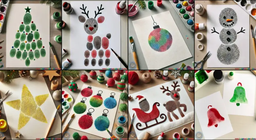 Creaciones navideñas con huellas dactilares: árbol, reno, muñeco de nieve, estrella, adornos y campanas. ¡Manos navideñas llenas de arte!