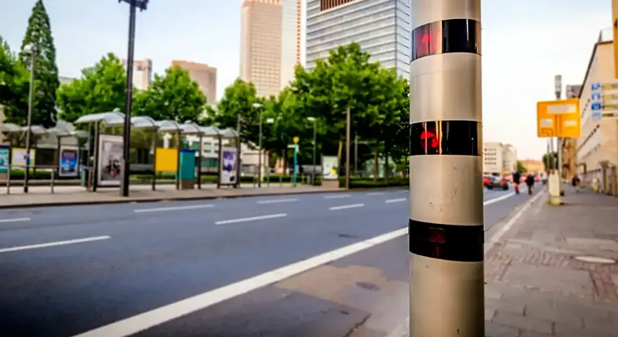 Blitzlicht warnt: Innerorts 17 kmh zu schnell. Ein Blitzer steht am Straßenrand, im Hintergrund Hochhäuser und Bushaltestellen.