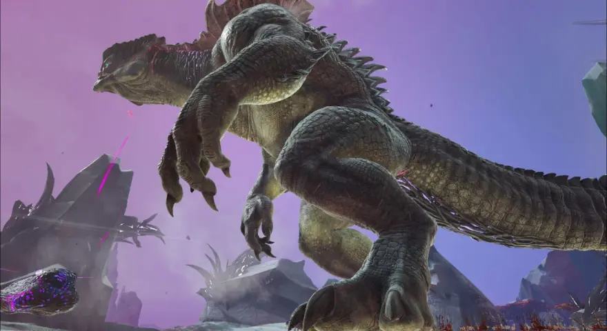 Gigantesco reptil con escamas verdes y moradas, con garras afiladas, en un paisaje alienígena. ¡Descubre los trucos de Ark para dominarlo!