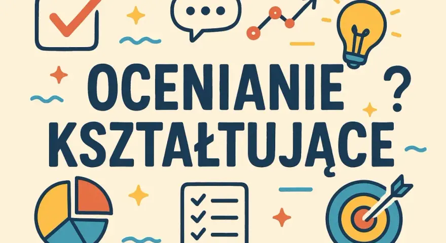 Ocenianie kształtujące w edukacji wczesnoszkolnej: przykłady. Grafika z ikonami symbolizującymi naukę, rozwój i cele.