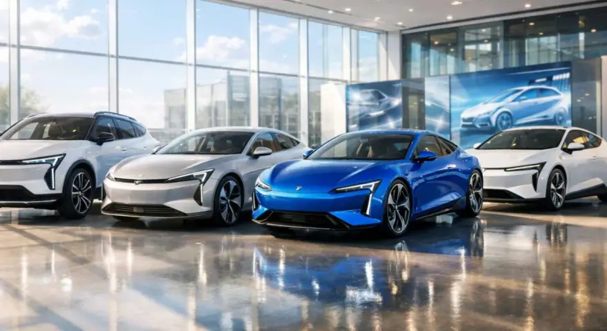 Vier elegante Elektroautos der Marke Zeekr stehen in einer hellen Halle. Ein blauer Sportwagen dominiert die Mitte.
