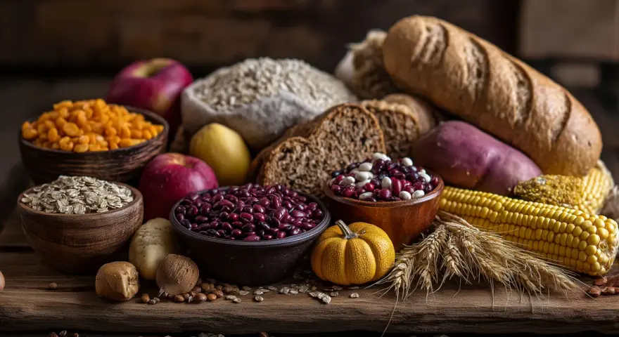 Różnorodne produkty bogate w węglowodany: chleb, zboża, fasola, kukurydza, ziemniaki, jabłka, dynia.