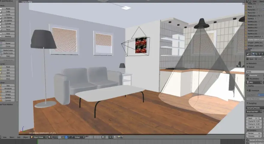 Projekt wnętrza w **blender aplikacja**: salon z aneksem kuchennym, widok z kamery, z zaznaczonymi światłami i elementami sceny.